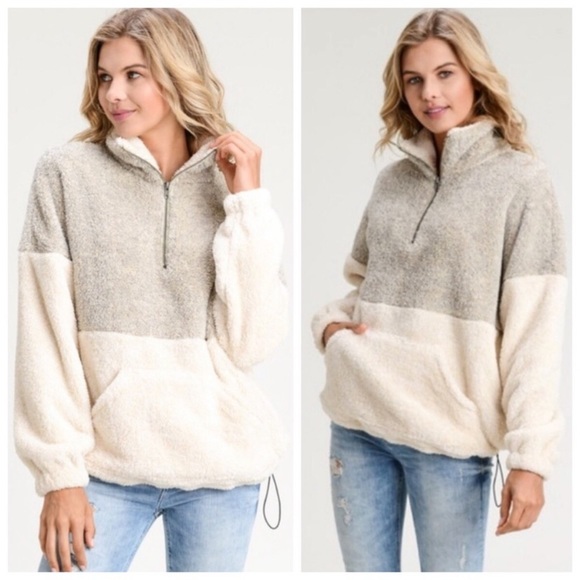 Taupe faux fur Sherpa half zip sweaters - Picture 3 of 4